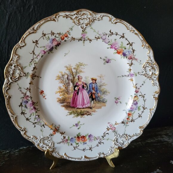 Antique Meissen Plate Courting Couple Romantic Scene Floral Design 8.75" - Picture 1 of 10